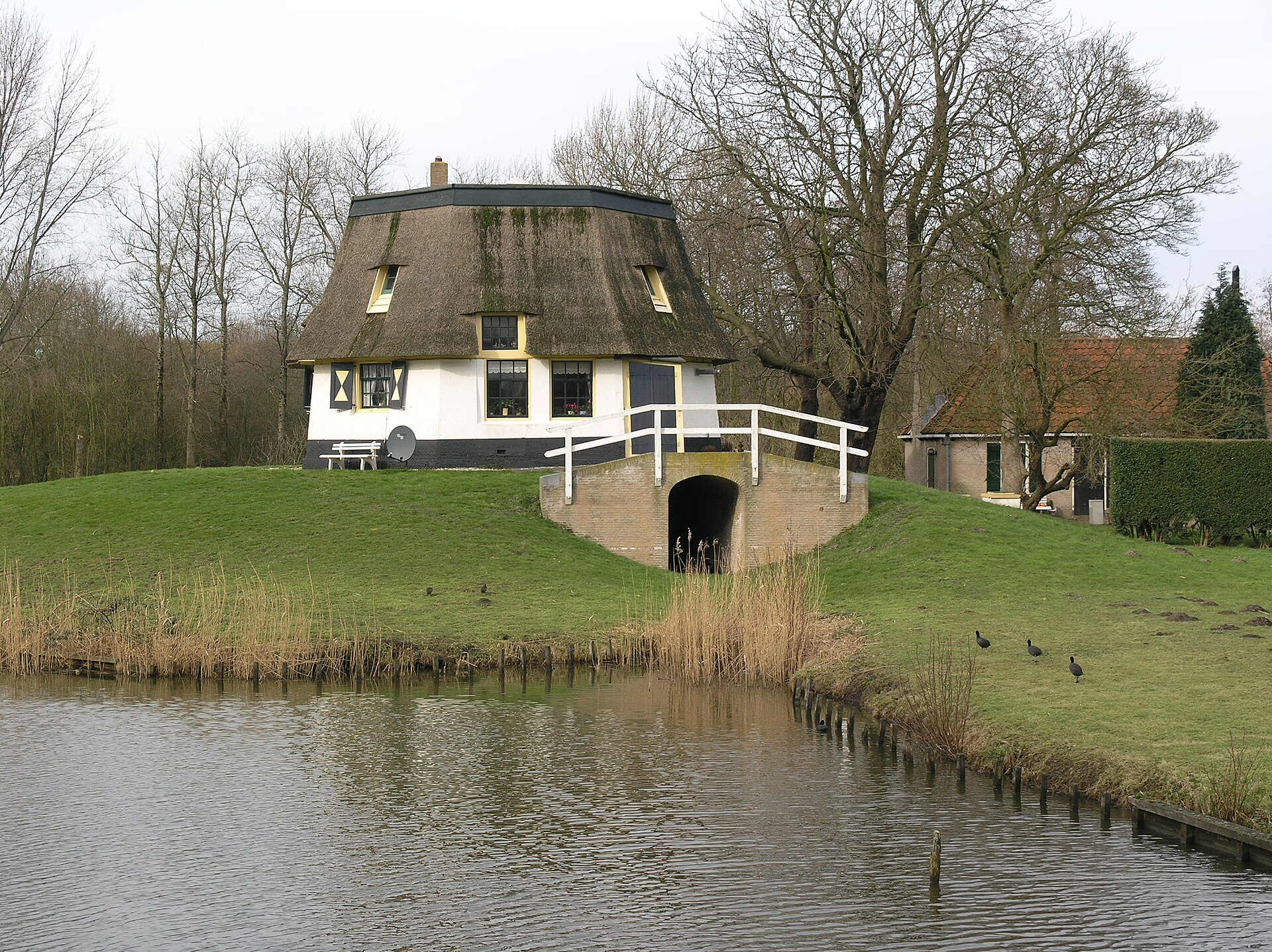Rietgedekte molen aan het water in Bergschenhoek, met een bruggetje en kale bomen