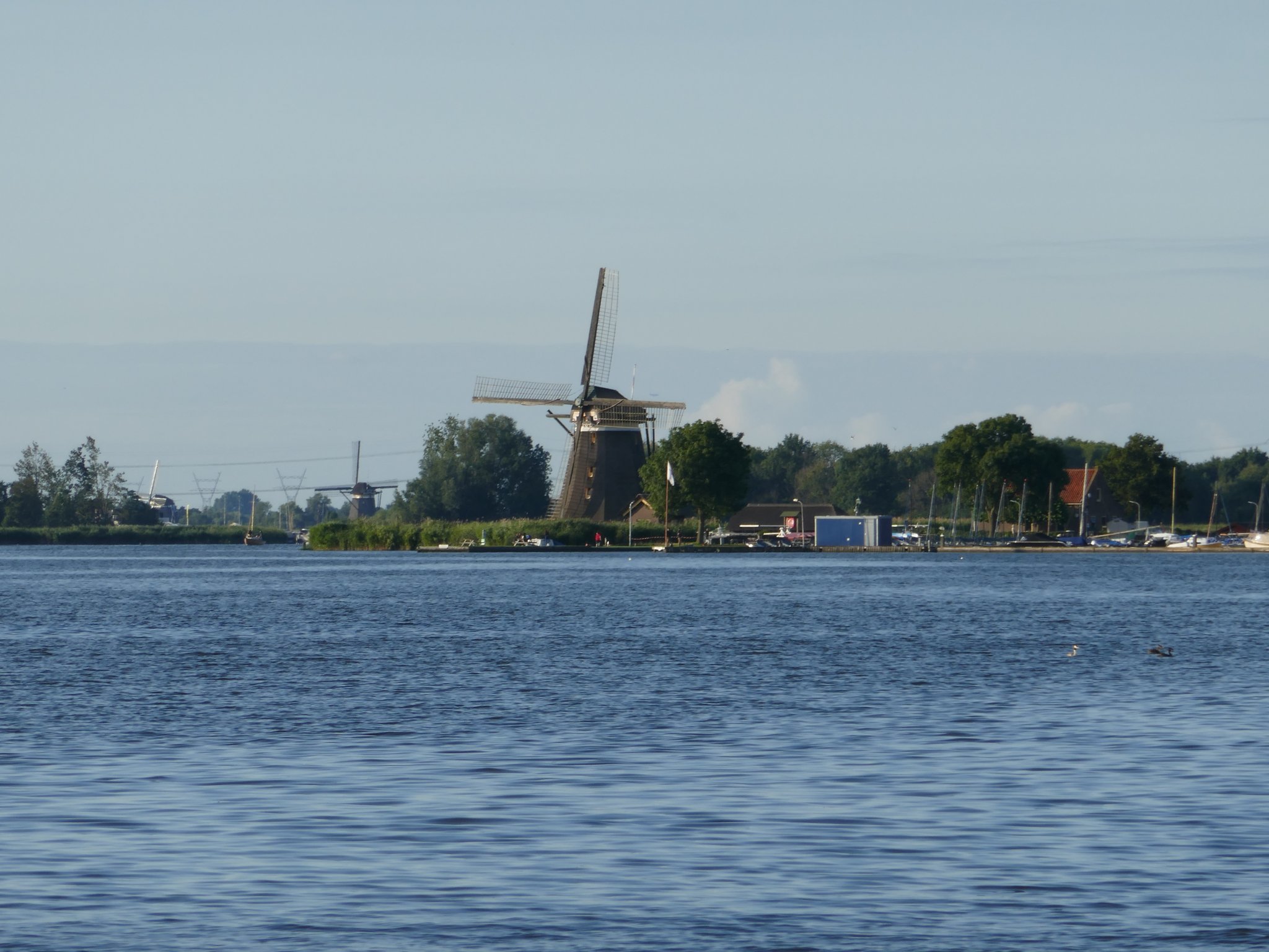 Uitzicht over het water van de Rottemeren met een molen en bomen aan de overkant